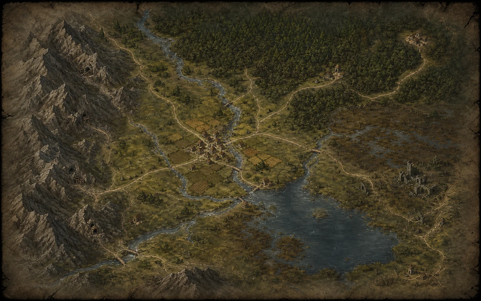 Illustrated regional map with mountains, forest, roads, settlements, marsh, and a lake